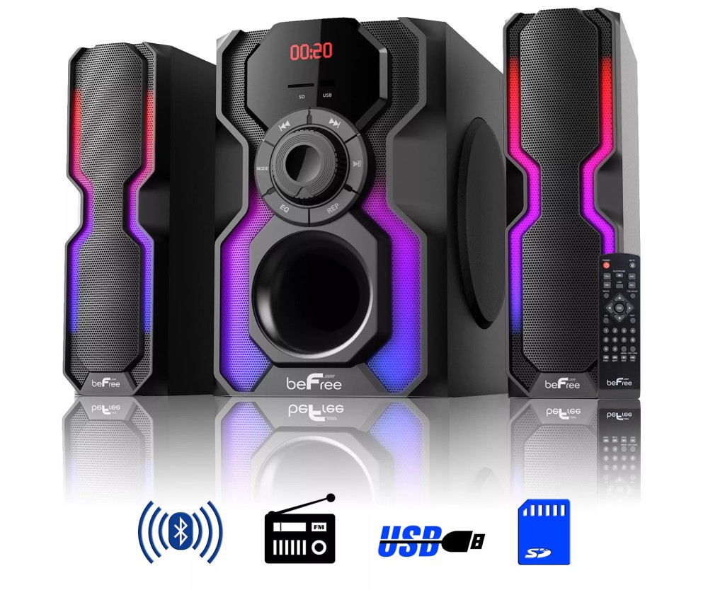 New beFree 2.1 Channel Bluetooth Speaker Shelf System Reactive LED FM USB SD New beFree 2.1 Channel Bluetooth Speaker Shelf System Reactive LED FM USB SD