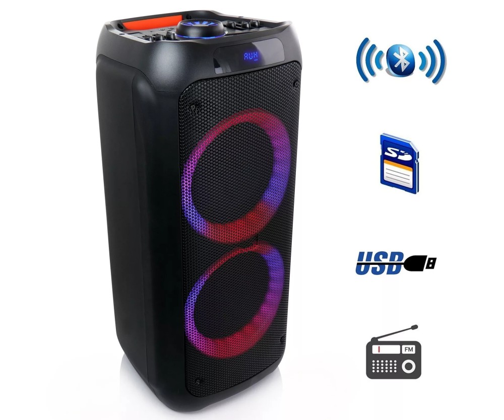 New beFree Dual 8 Inch Bluetooth Portable Party Speaker w/ Reactive Lights SD New beFree Dual 8 Inch Bluetooth Portable Party Speaker w/ Reactive Lights SD